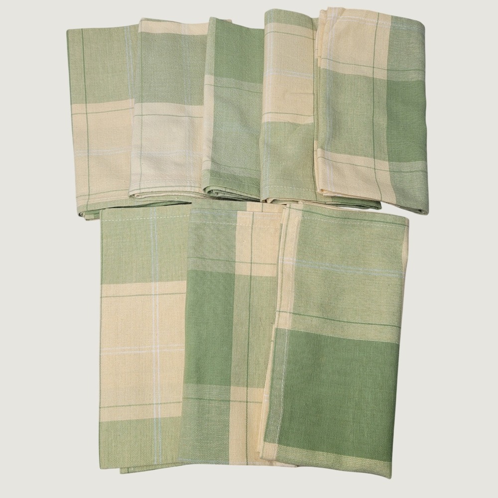 Set of 8 Green & Yellow Plaid Cloth Napkins Farmhouse Table Decor Woven Square